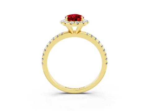 Yellow gold Pear Cut Halo Round Diamond Pavé Band Four-Prong Ring_3