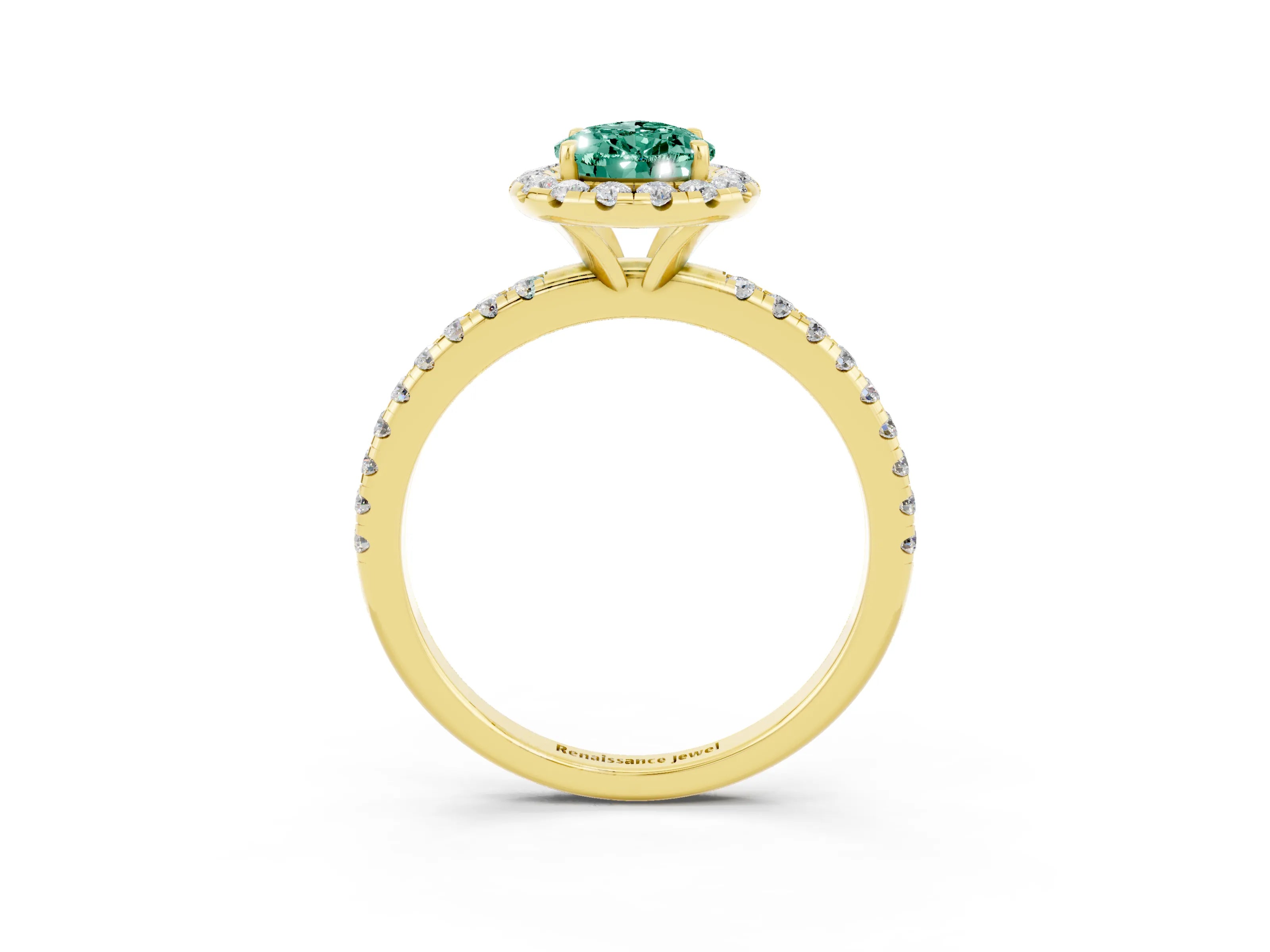 Yellow gold Pear Cut Halo Round Diamond Pavé Band Four-Prong Ring_3