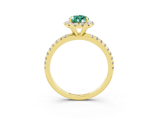Yellow gold Pear Cut Green Sapphire Halo Ring with Round Pavé Band and Prong Setting