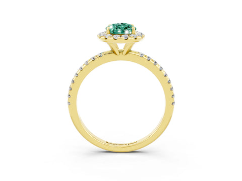 Yellow gold Pear Cut Halo Round Diamond Pavé Band Four-Prong Ring_3
