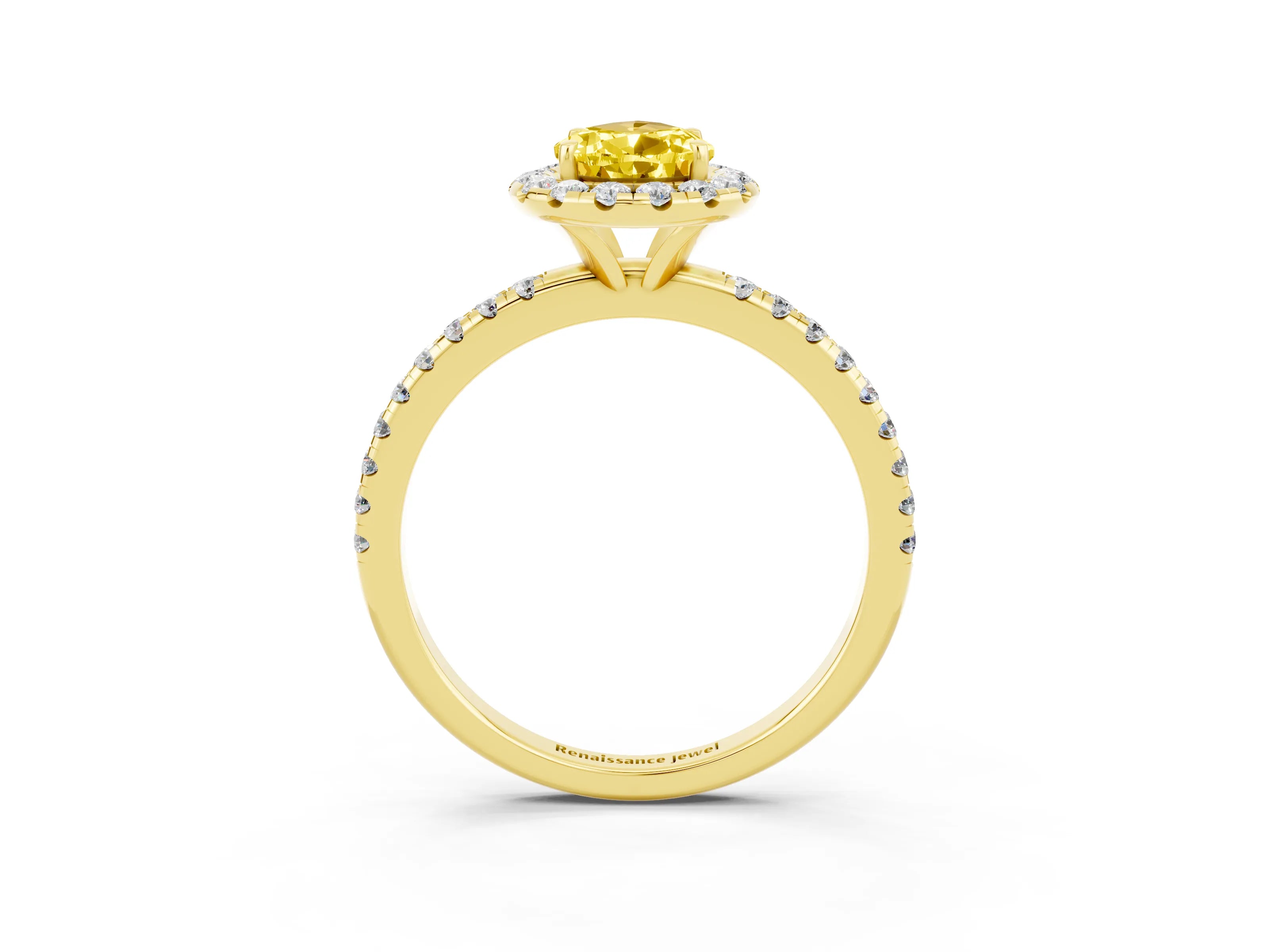 Yellow gold Pear Cut Halo Round Diamond Pavé Band Four-Prong Ring_3