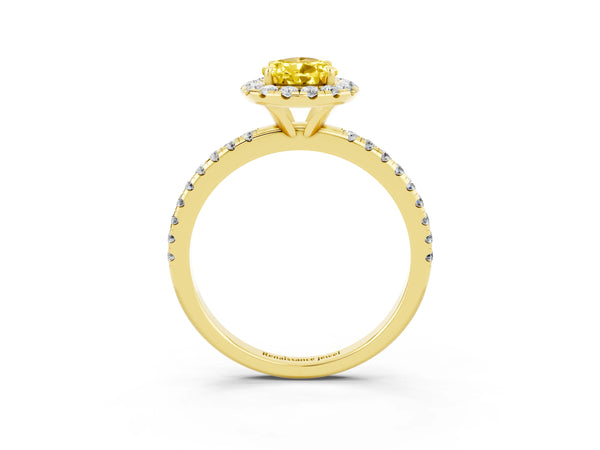 Yellow gold Pear Cut Yellow Sapphire Halo Ring with Round Pavé Band and Prong Setting
