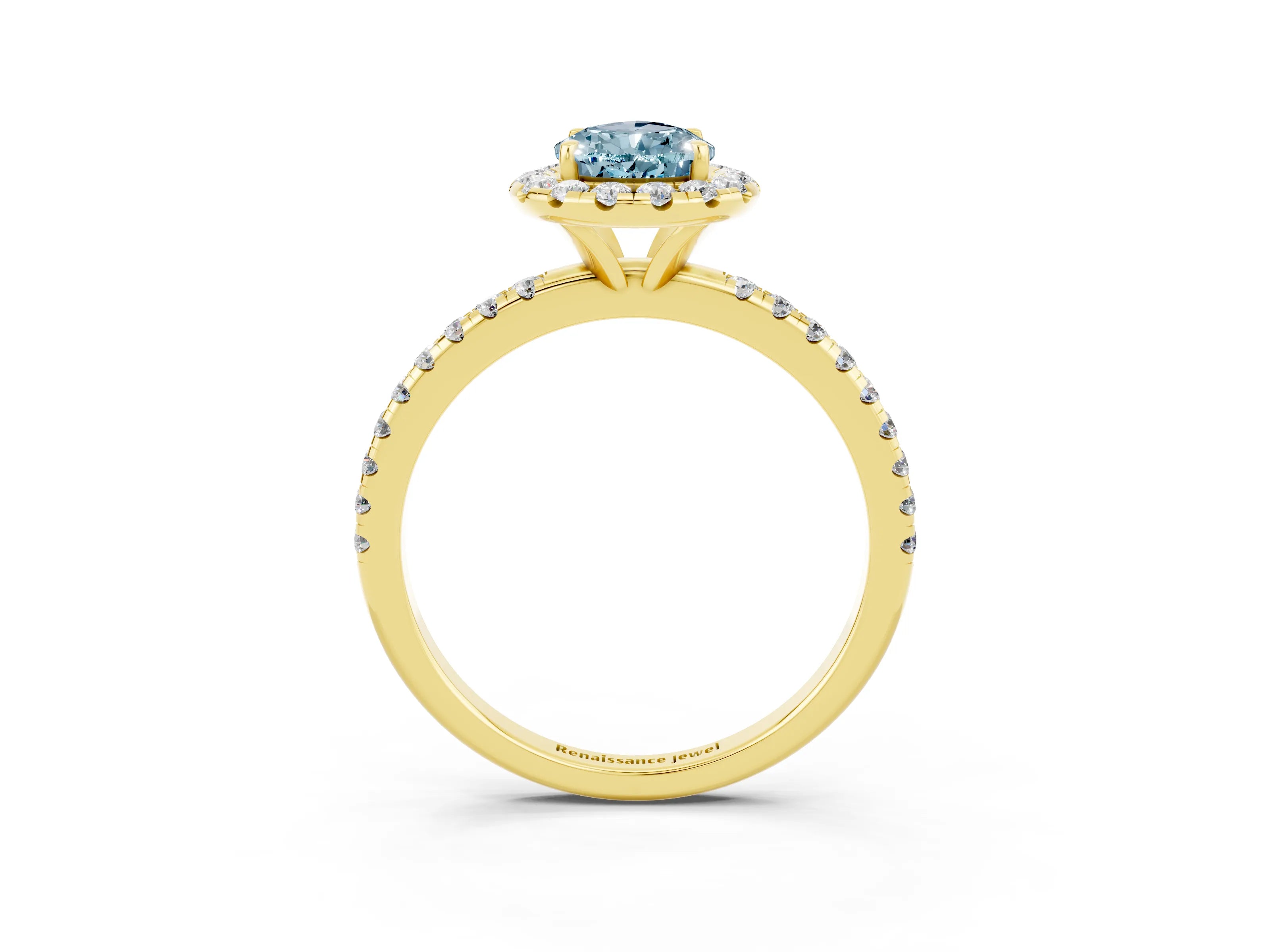Yellow gold Pear Cut Halo Round Diamond Pavé Band Four-Prong Ring_3