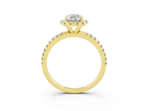 Yellow gold Pear Cut Halo Round Diamond Pavé Band Four-Prong Ring_3