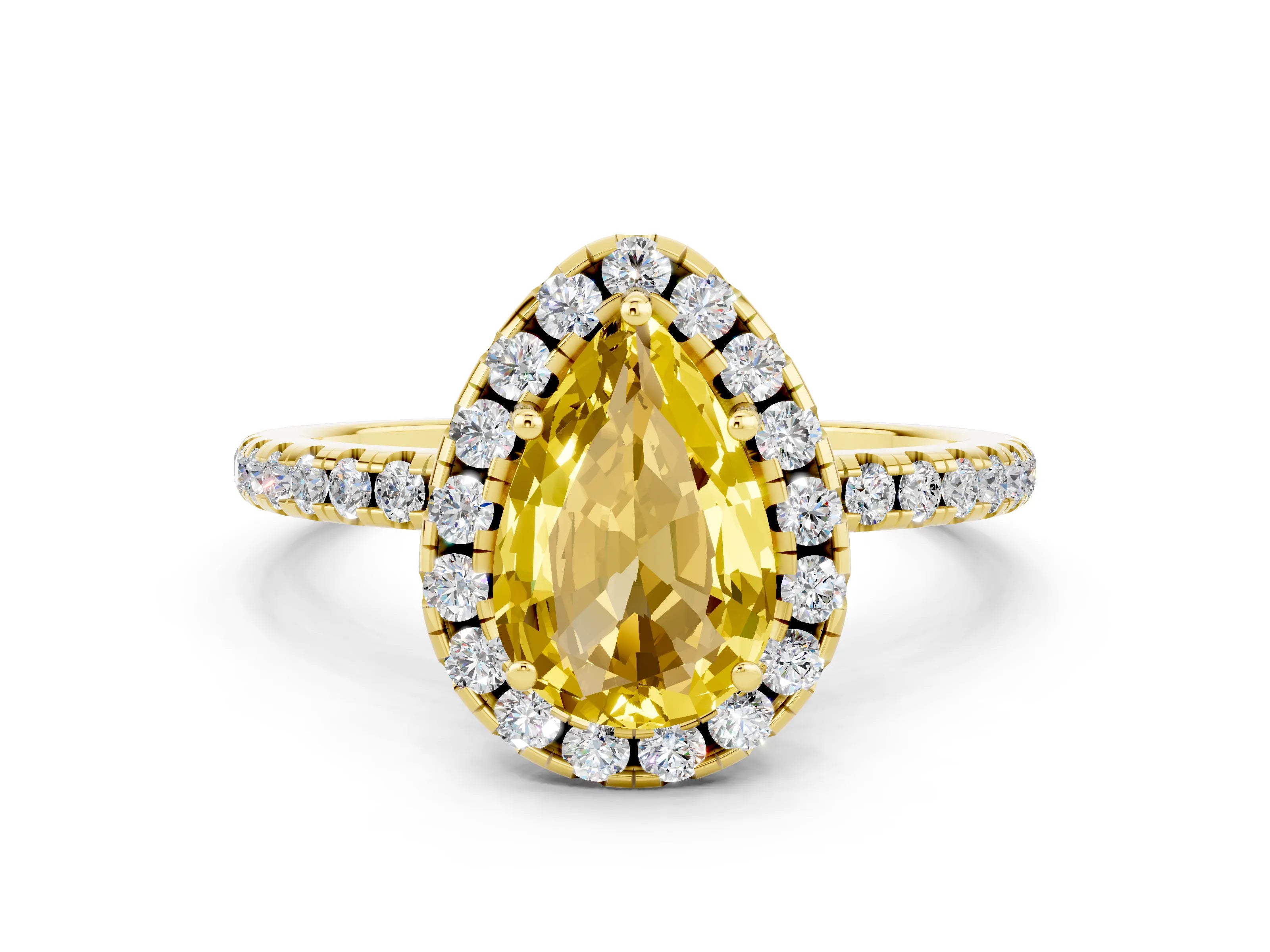 Yellow gold Pear Cut Halo Round Diamond Pavé Band Four-Prong Ring