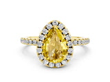 Yellow gold Pear Cut Halo Round Diamond Pavé Band Four-Prong Ring