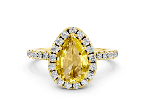 Yellow gold Pear Cut Yellow Sapphire Halo Ring with Round Pavé Band and Prong Setting