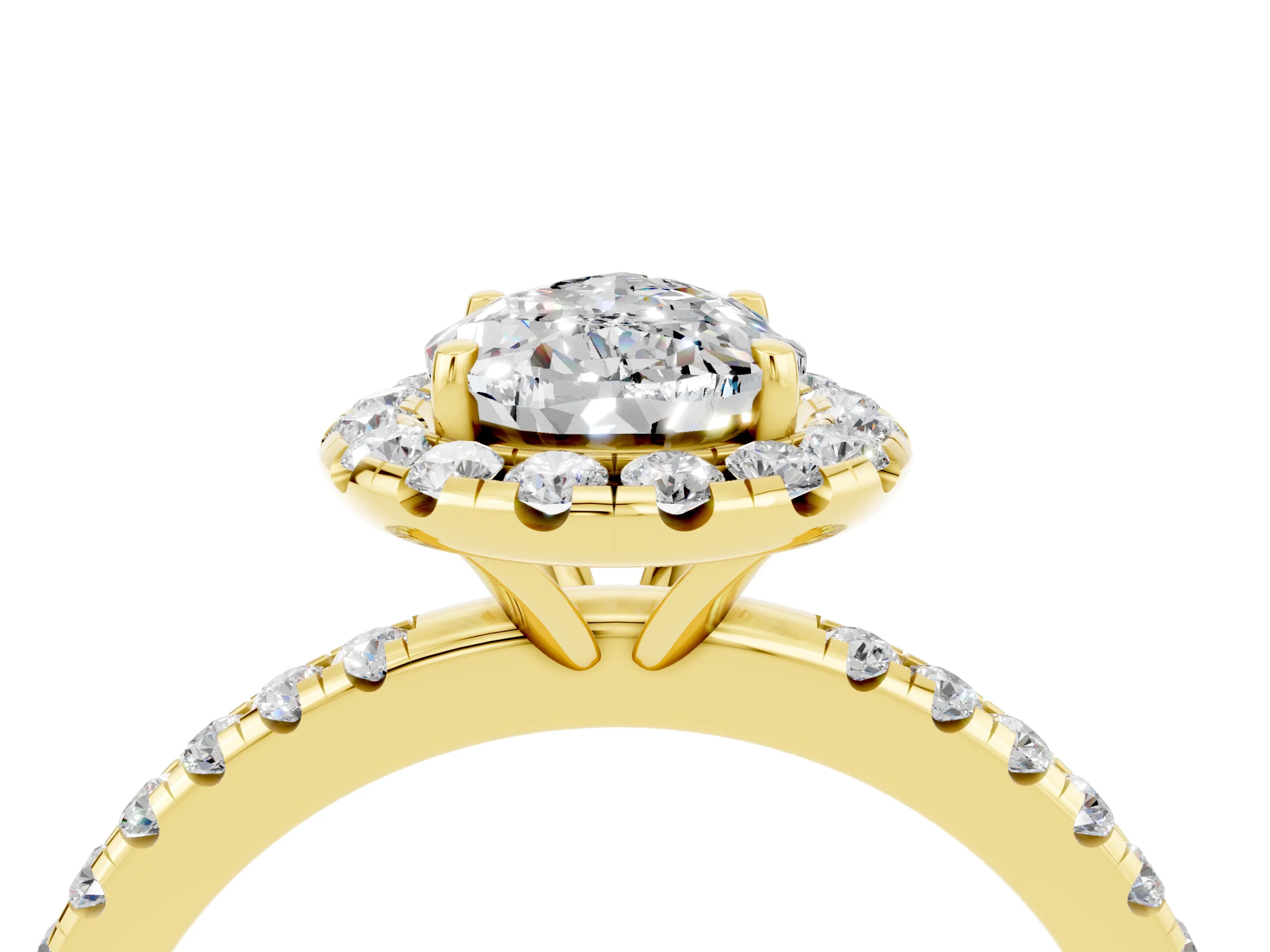 Yellow gold Pear Cut Halo Round Diamond Pavé Band Four-Prong Ring_4