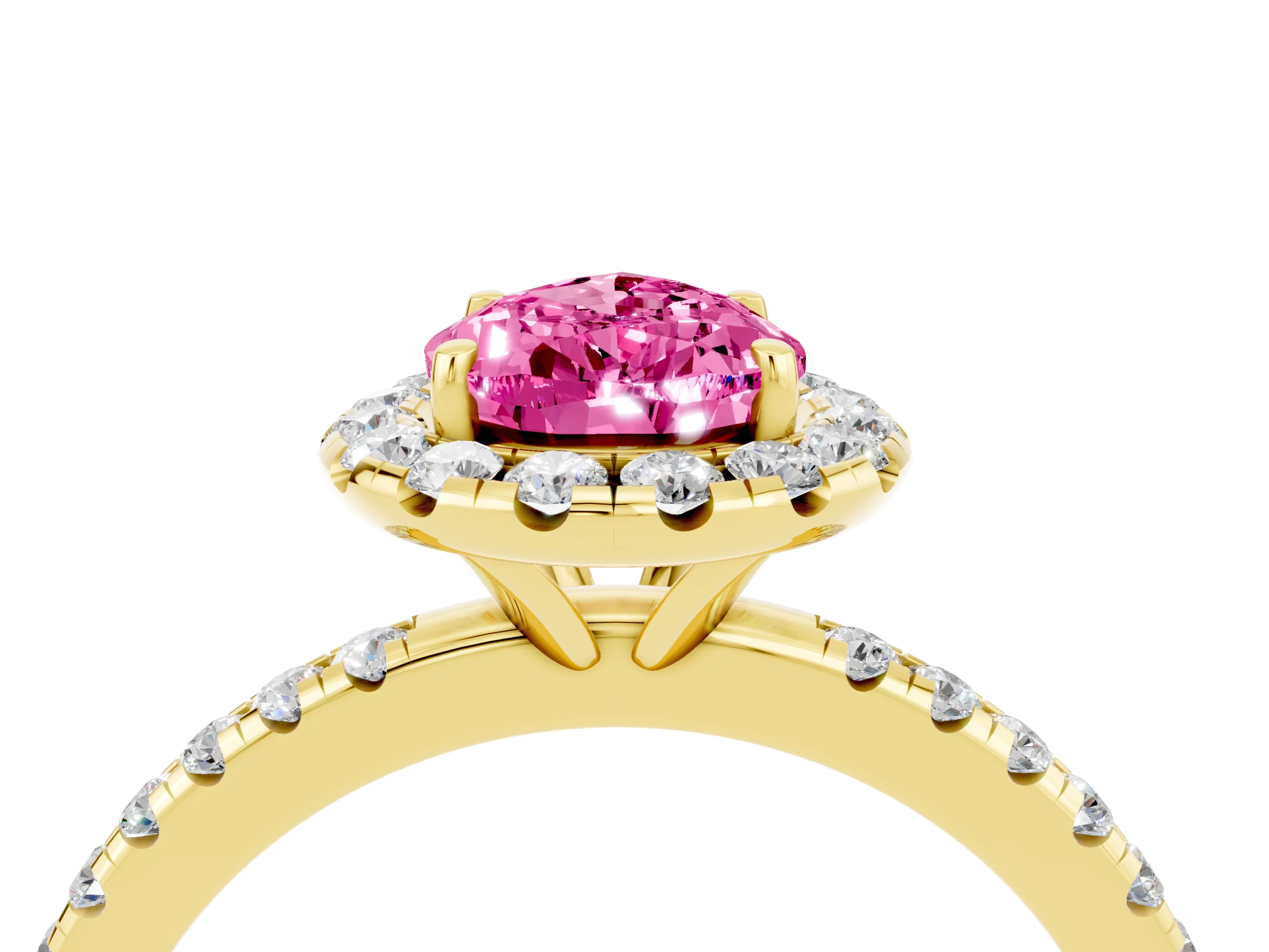 Yellow gold Pear Cut Halo Round Diamond Pavé Band Four-Prong Ring_4