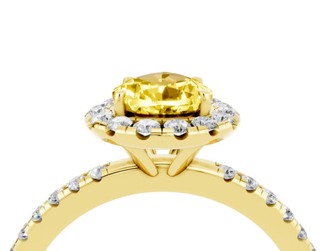 Yellow gold Pear Cut Halo Round Diamond Pavé Band Four-Prong Ring_4
