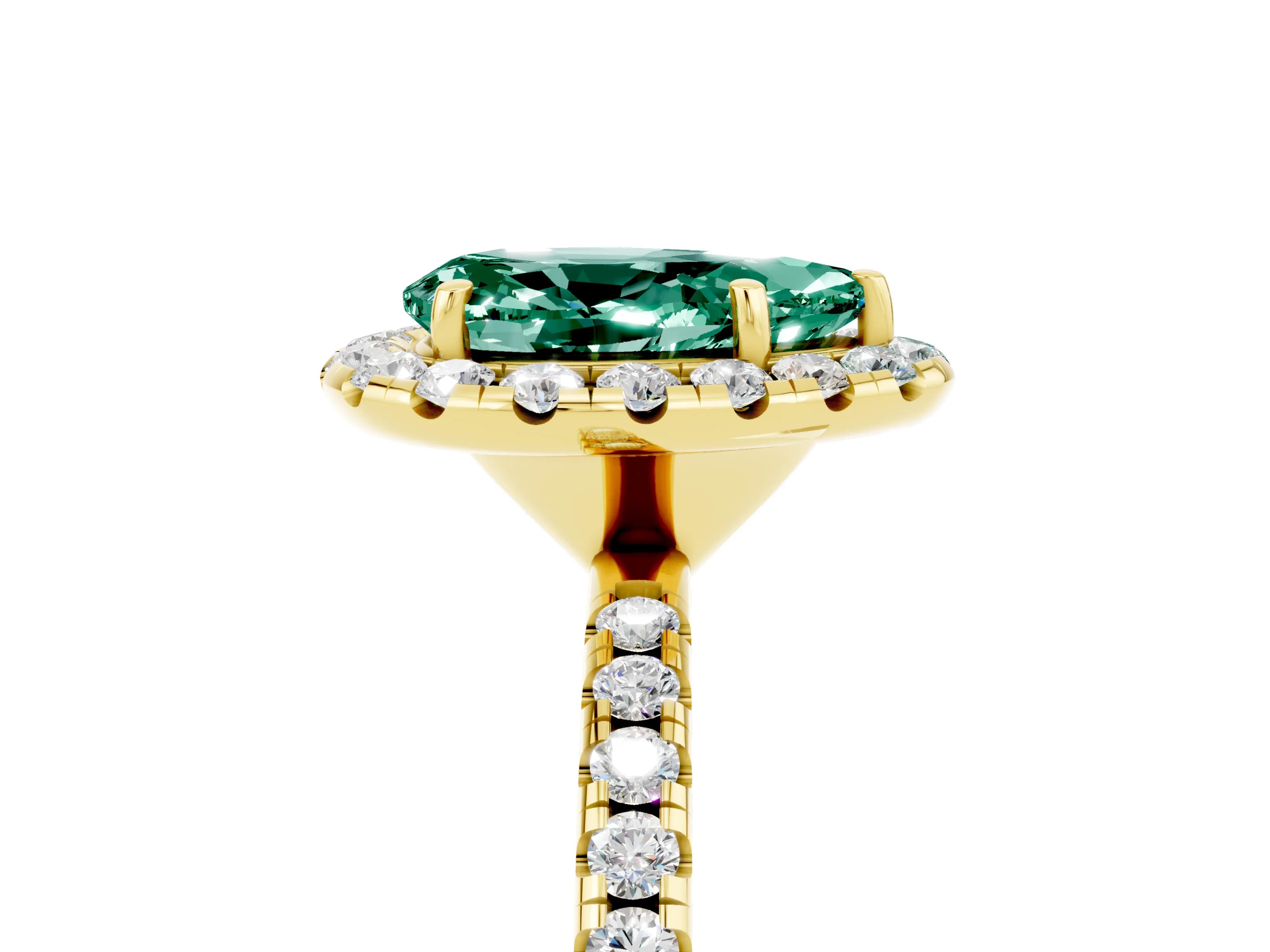 Yellow gold Pear Cut Halo Round Diamond Pavé Band Four-Prong Ring_5