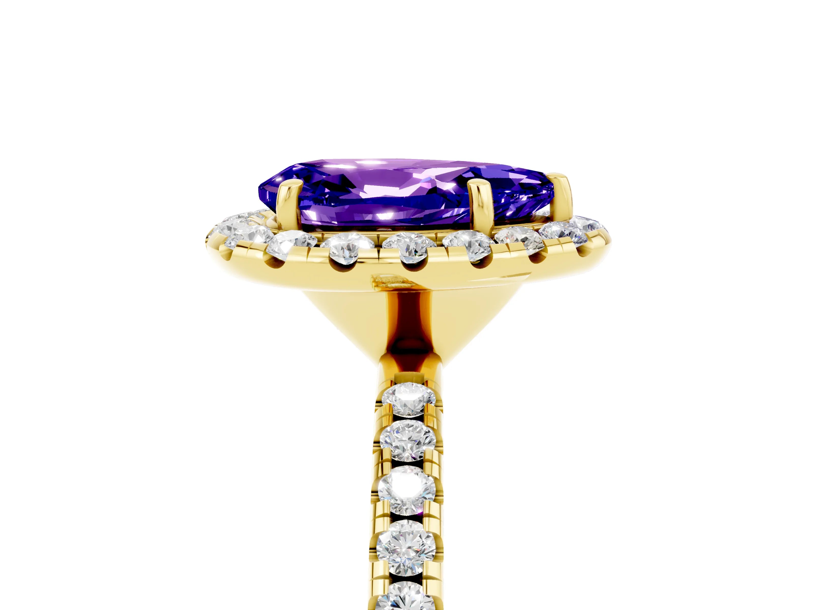 Yellow gold Pear Cut Halo Round Diamond Pavé Band Four-Prong Ring_5