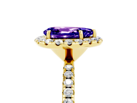 Yellow gold Pear Cut Halo Round Diamond Pavé Band Four-Prong Ring_5