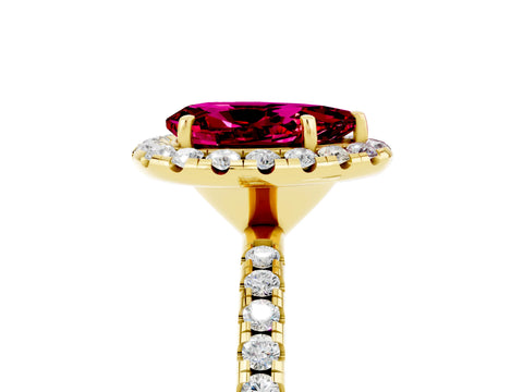 Yellow gold Pear Cut Halo Round Diamond Pavé Band Four-Prong Ring_5