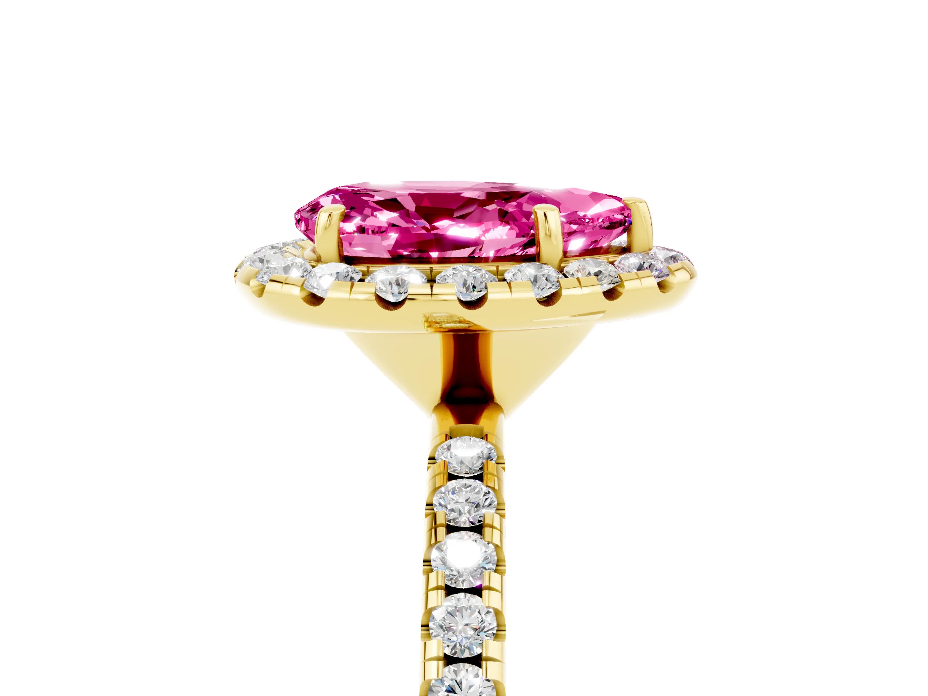 Yellow gold Pear Cut Halo Round Diamond Pavé Band Four-Prong Ring_5