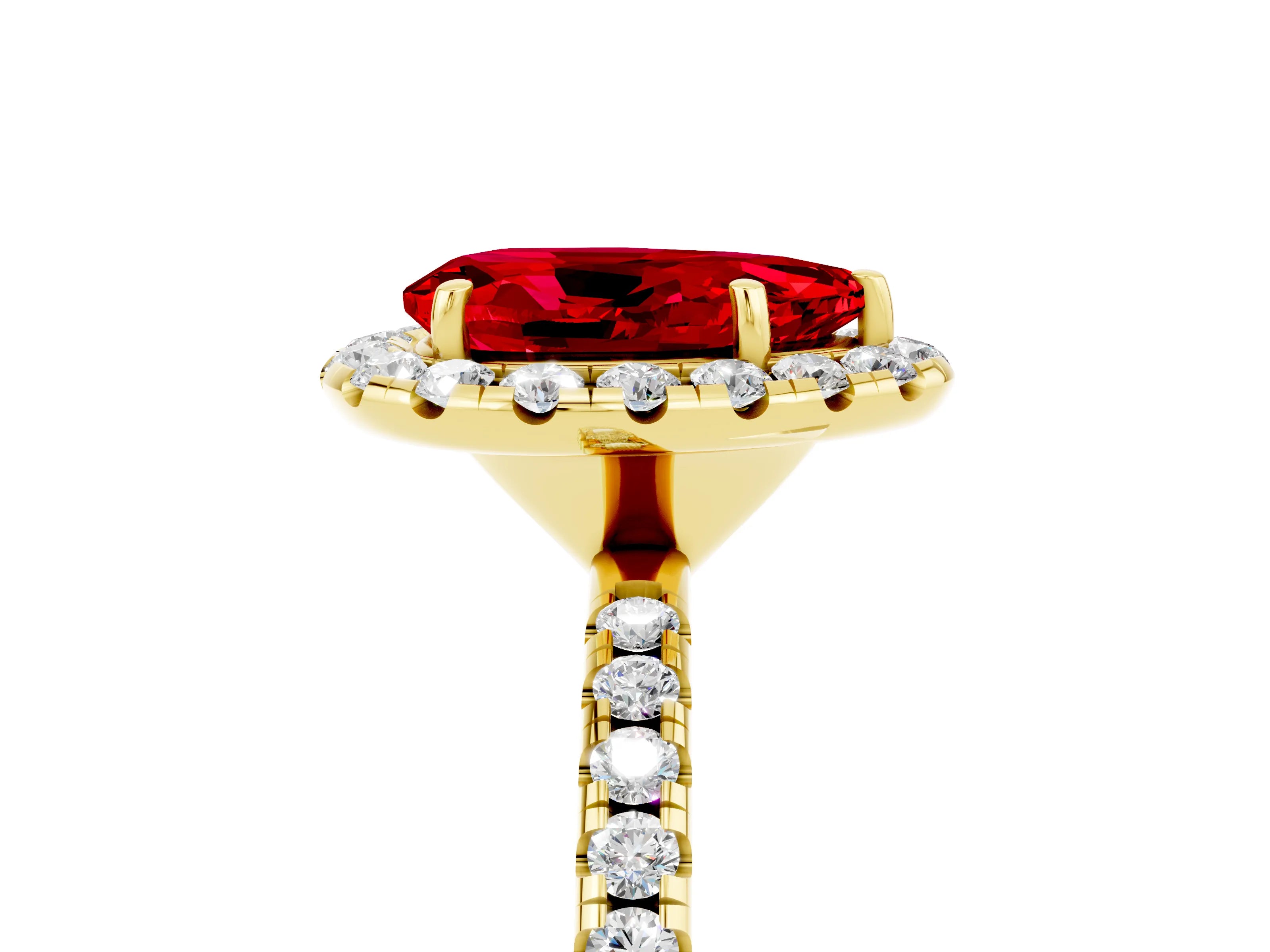 Yellow gold Pear Cut Halo Round Diamond Pavé Band Four-Prong Ring_5
