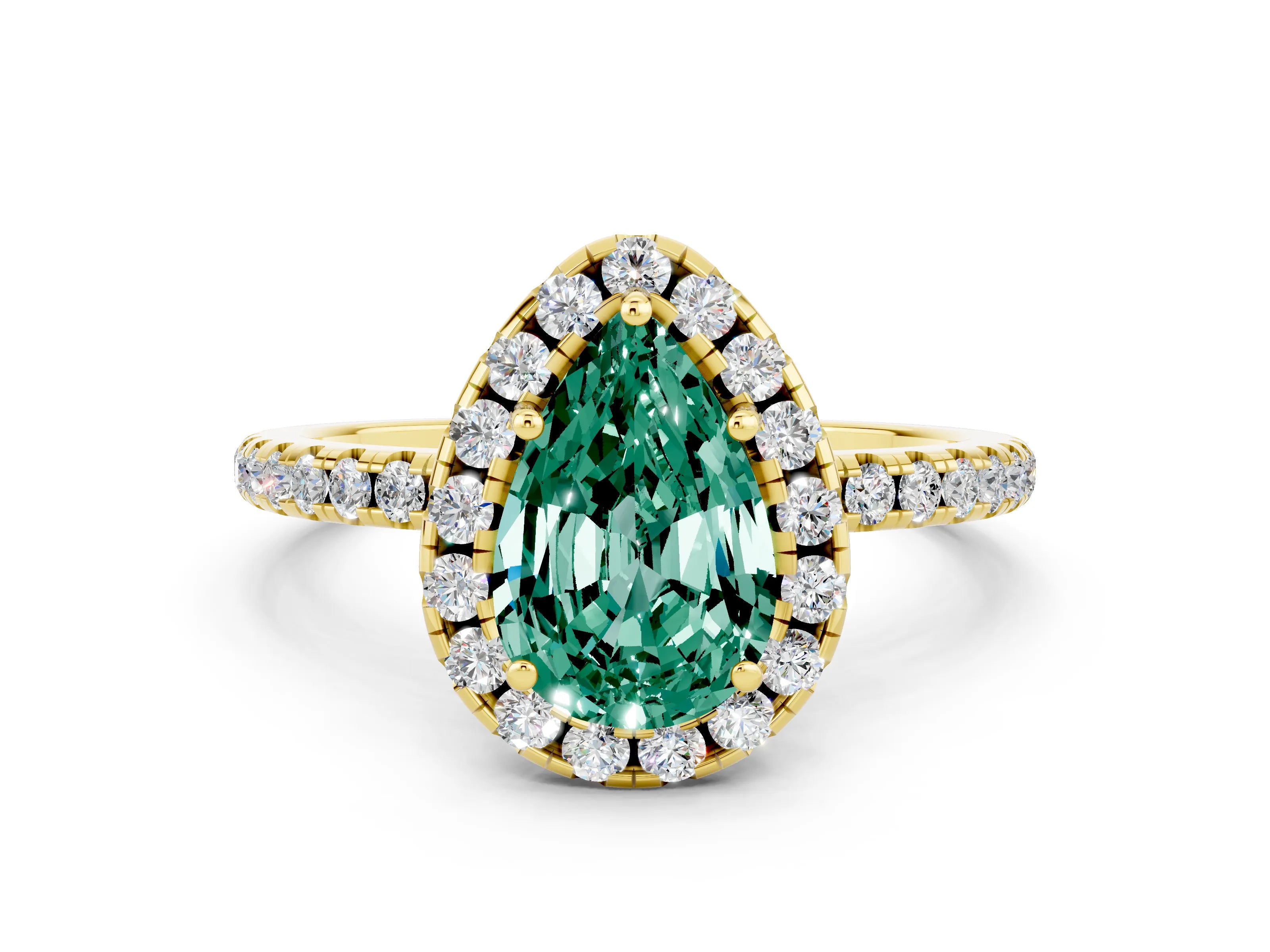 Yellow gold Pear Cut Halo Round Diamond Pavé Band Four-Prong Ring