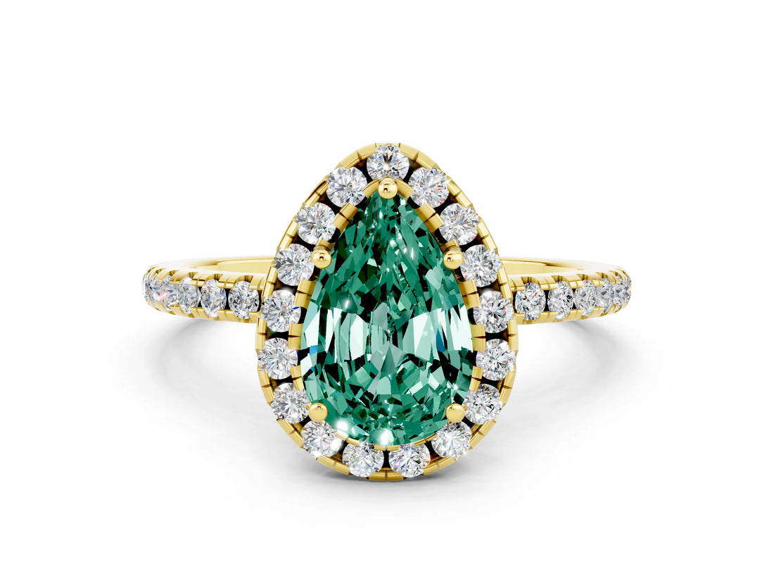 Yellow gold Pear Cut Halo Round Diamond Pavé Band Four-Prong Ring