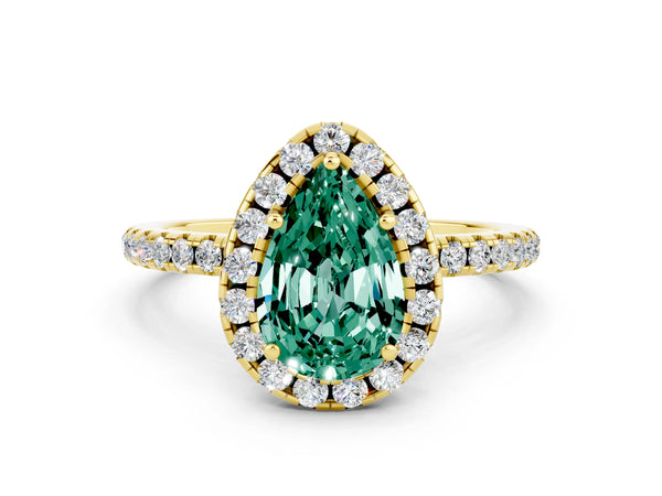 Yellow gold Pear Cut Green Sapphire Halo Ring with Round Pavé Band and Prong Setting