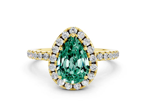 Yellow gold Pear Cut Halo Round Diamond Pavé Band Four-Prong Ring