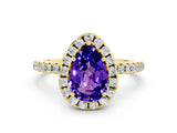 Yellow gold Pear Cut Halo Round Diamond Pavé Band Four-Prong Ring