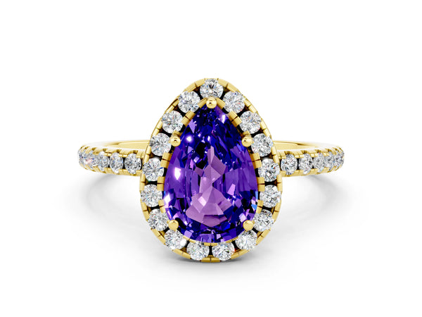 Yellow gold Pear Cut Tanzanite Halo Ring with Round Pavé Band and Prong Setting