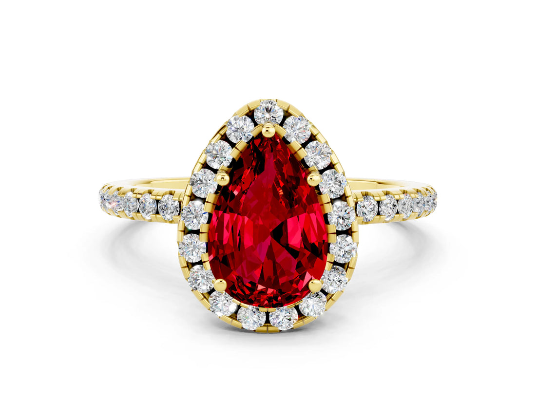 Yellow gold Pear Cut Halo Round Diamond Pavé Band Four-Prong Ring