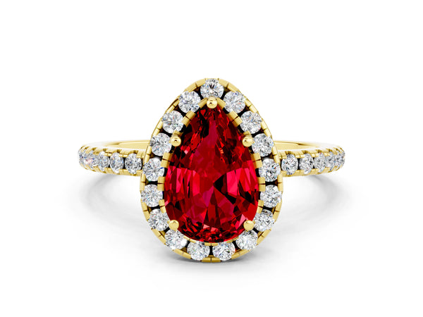 Yellow gold Pear Cut Halo Round Diamond Pavé Band Four-Prong Ring