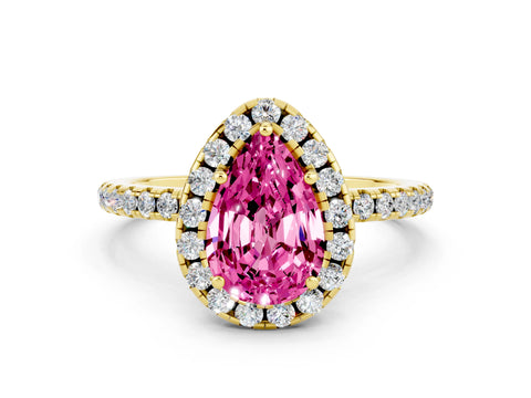 Yellow gold Pear Cut Halo Round Diamond Pavé Band Four-Prong Ring