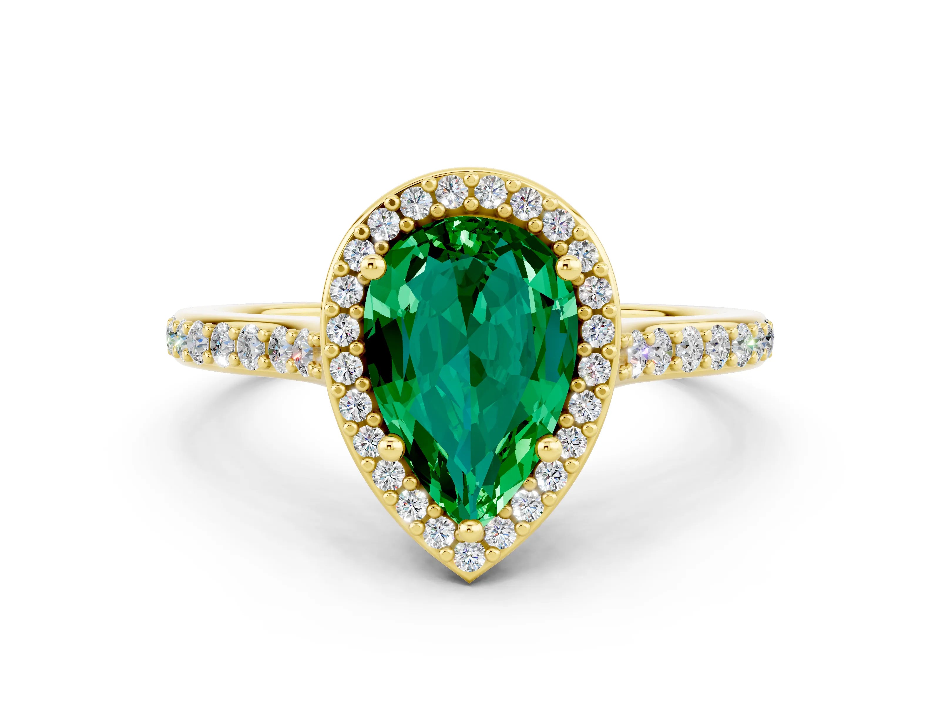 Yellow gold Pear Cut Halo Round Diamond Pavé Band with Four-Prong Setting