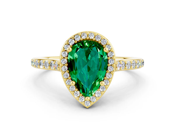 Yellow gold Pear Cut Emerald Halo Engagement Ring with Round Pavé Shoulders and Prong Setting