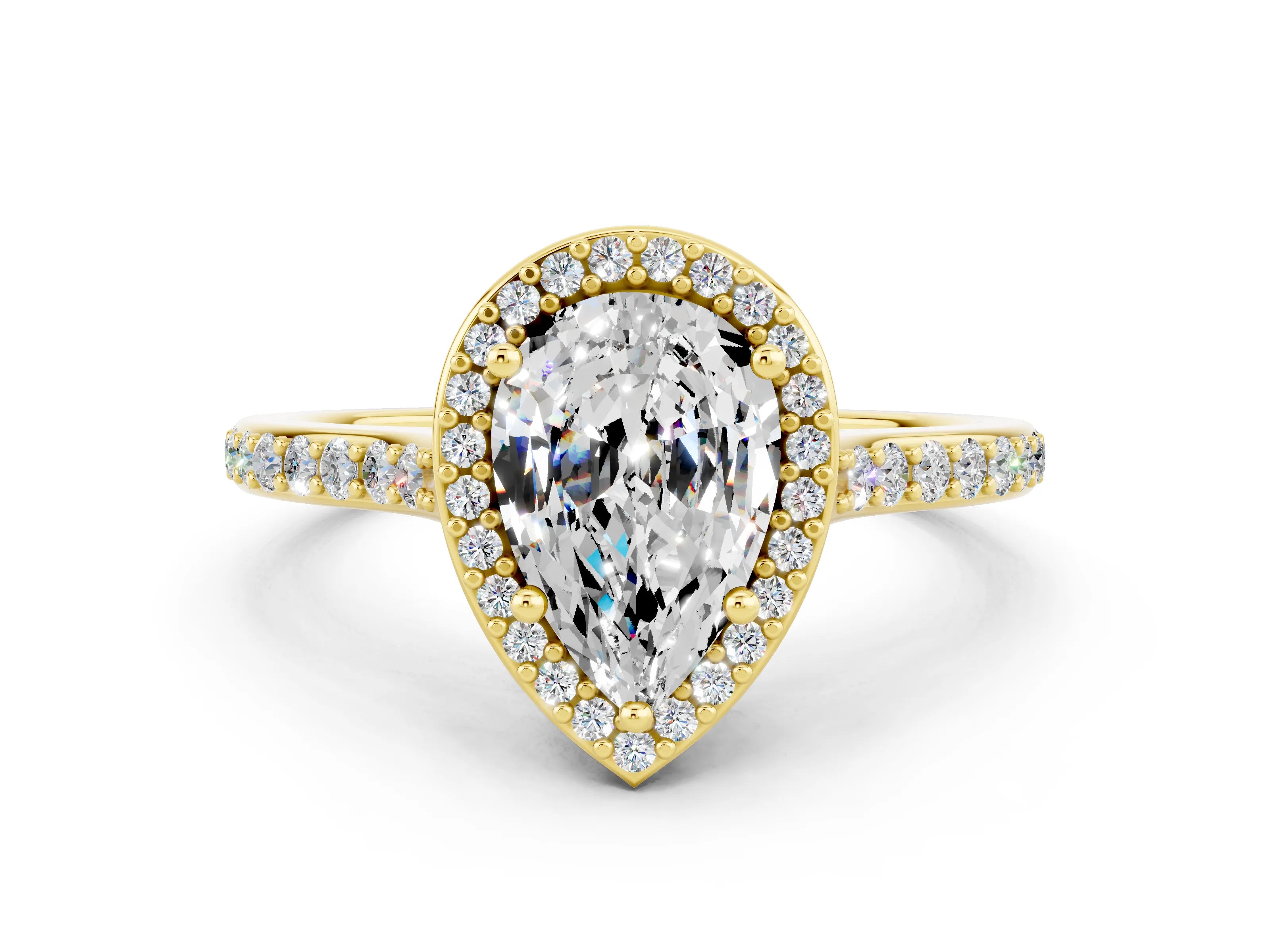 Yellow gold Pear Cut Halo Round Diamond Pavé Band with Four-Prong Setting