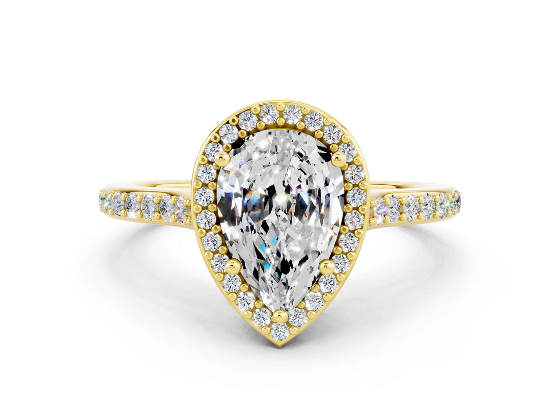 Yellow gold Pear Cut Halo Round Diamond Pavé Band with Four-Prong Setting