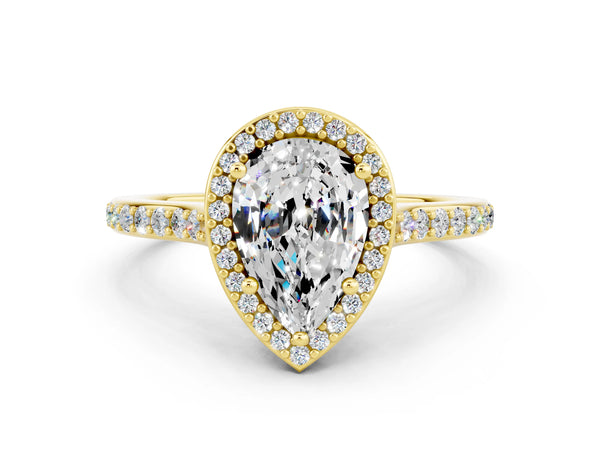 Yellow gold Pear Cut Moissanite Halo Engagement Ring with Round Pavé Shoulders and Prong Setting