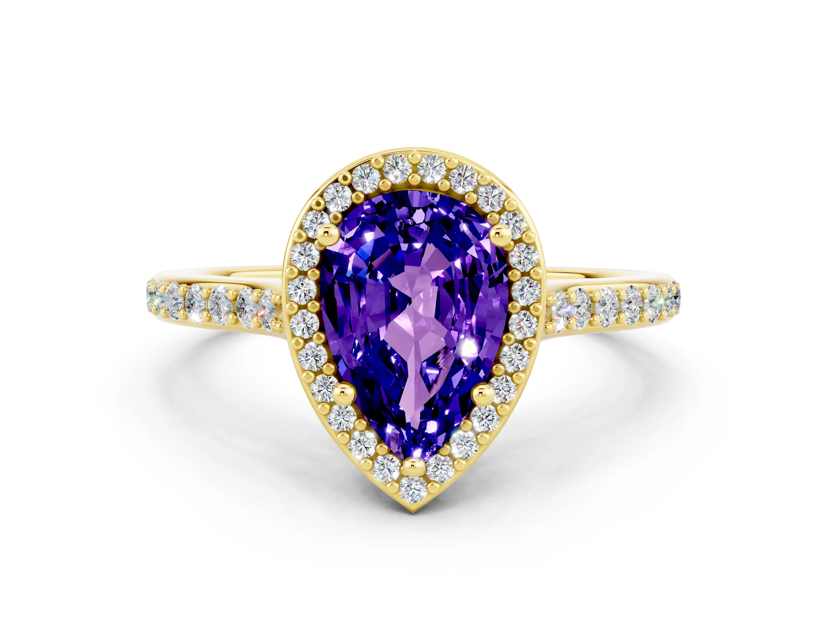 Yellow gold Pear Cut Halo Round Diamond Pavé Band with Four-Prong Setting