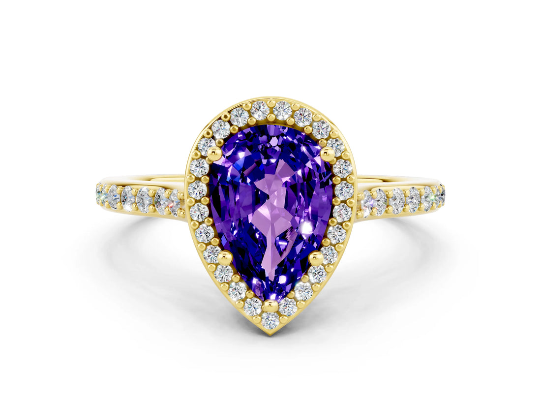 Yellow gold Pear Cut Halo Round Diamond Pavé Band with Four-Prong Setting
