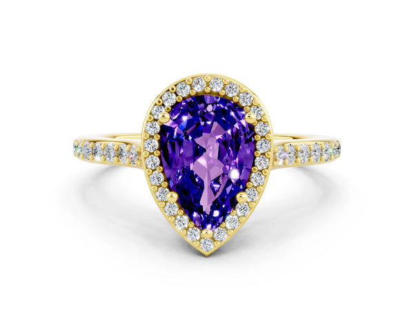 Yellow gold Pear Cut Tanzanite Halo Engagement Ring with Round Pavé Shoulders and Prong Setting