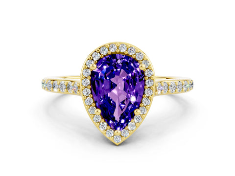 Yellow gold Pear Cut Halo Round Diamond Pavé Band with Four-Prong Setting