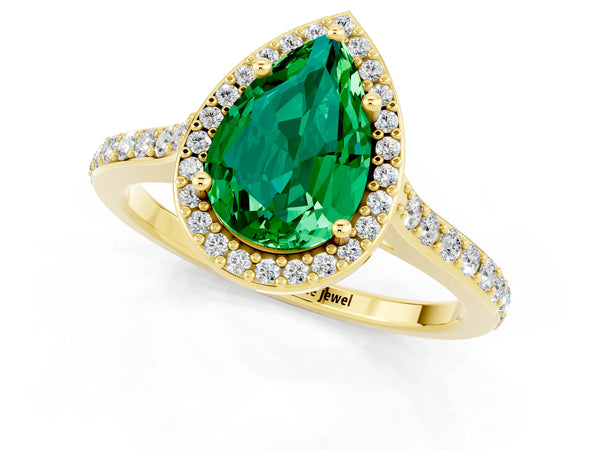 Yellow gold Pear Cut Emerald Halo Engagement Ring with Round Pavé Shoulders and Prong Setting