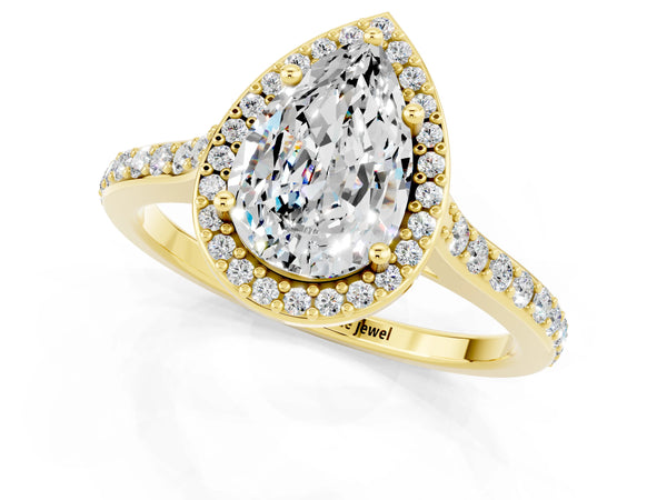 Yellow gold Pear Cut Moissanite Halo Engagement Ring with Round Pavé Shoulders and Prong Setting