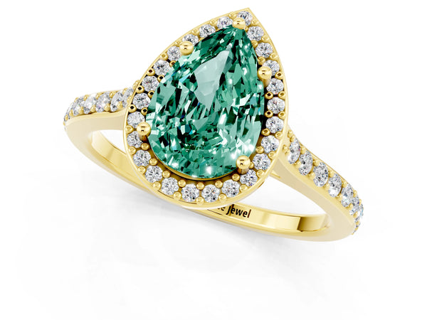 Yellow gold Pear Cut Green Sapphire Halo Engagement Ring with Round Pavé Shoulders and Prong Setting