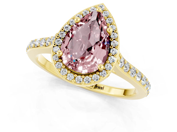 Yellow gold Pear Cut Halo Round Diamond Pavé Band with Four-Prong Setting