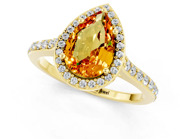 Yellow gold Pear Cut Citrine Halo Engagement Ring with Round Pavé Shoulders and Prong Setting