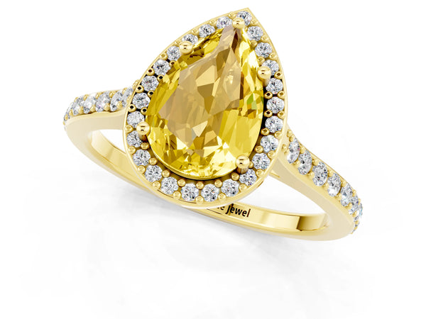 Yellow gold Pear Cut Yellow Sapphire Halo Engagement Ring with Round Pavé Shoulders and Prong Setting