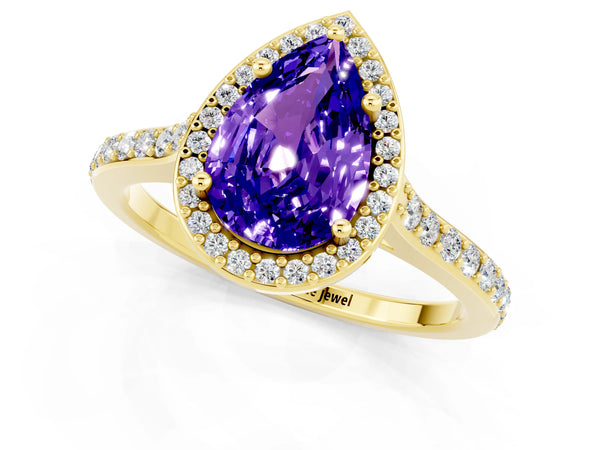 Yellow gold Pear Cut Tanzanite Halo Engagement Ring with Round Pavé Shoulders and Prong Setting