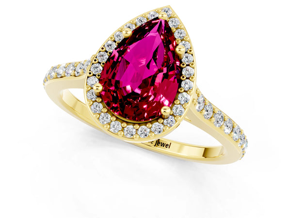 Yellow gold Pear Cut Garnet Halo Engagement Ring with Round Pavé Shoulders and Prong Setting