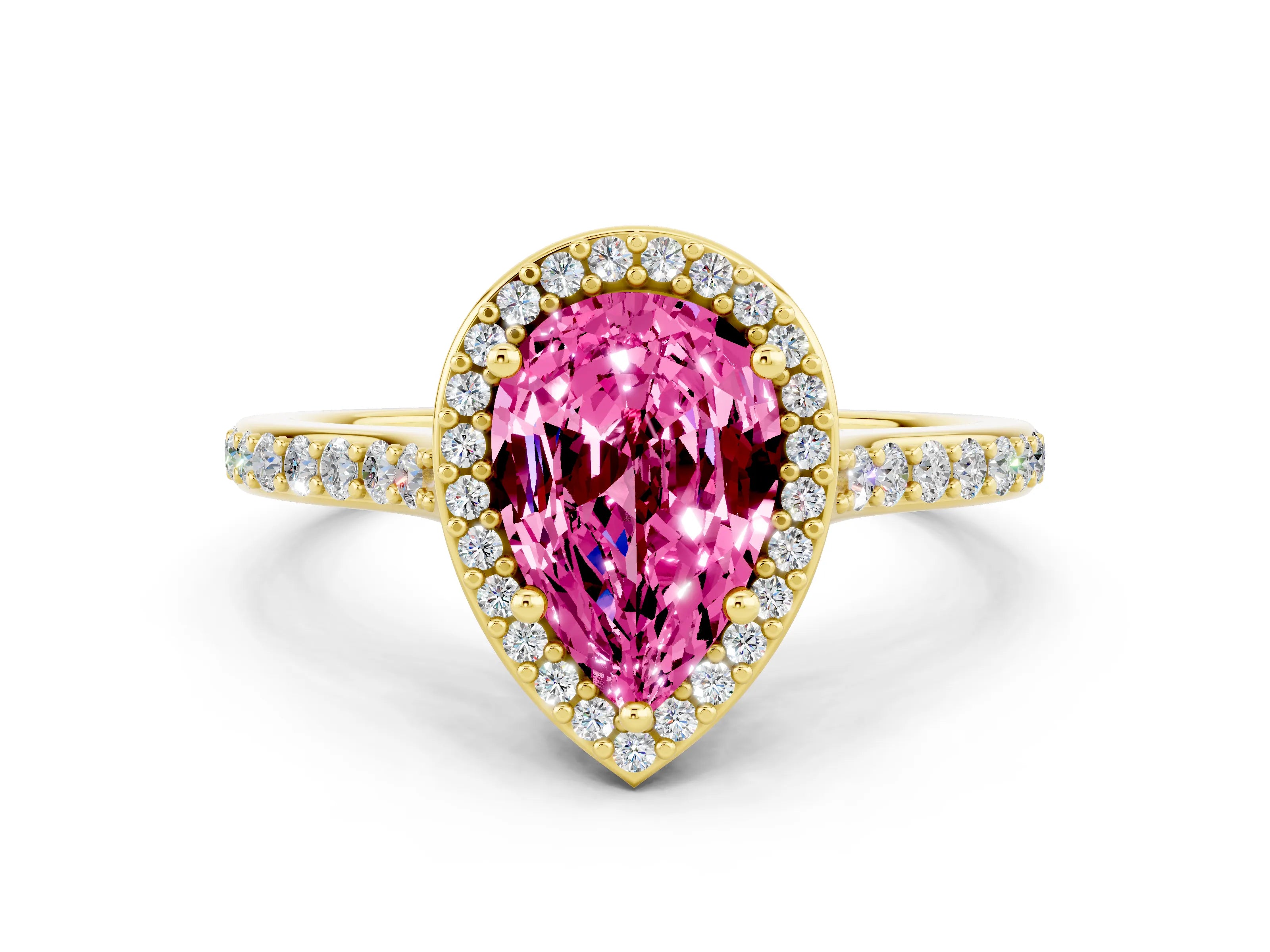Yellow gold Pear Cut Halo Round Diamond Pavé Band with Four-Prong Setting