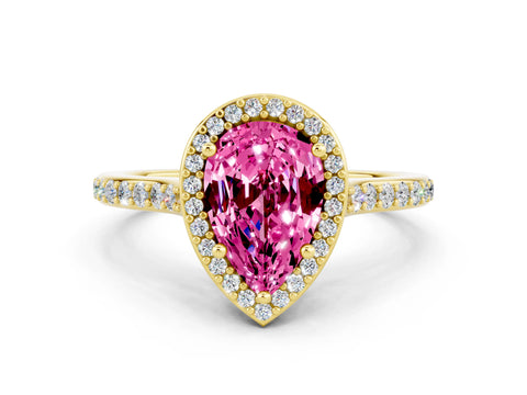 Yellow gold Pear Cut Halo Round Diamond Pavé Band with Four-Prong Setting