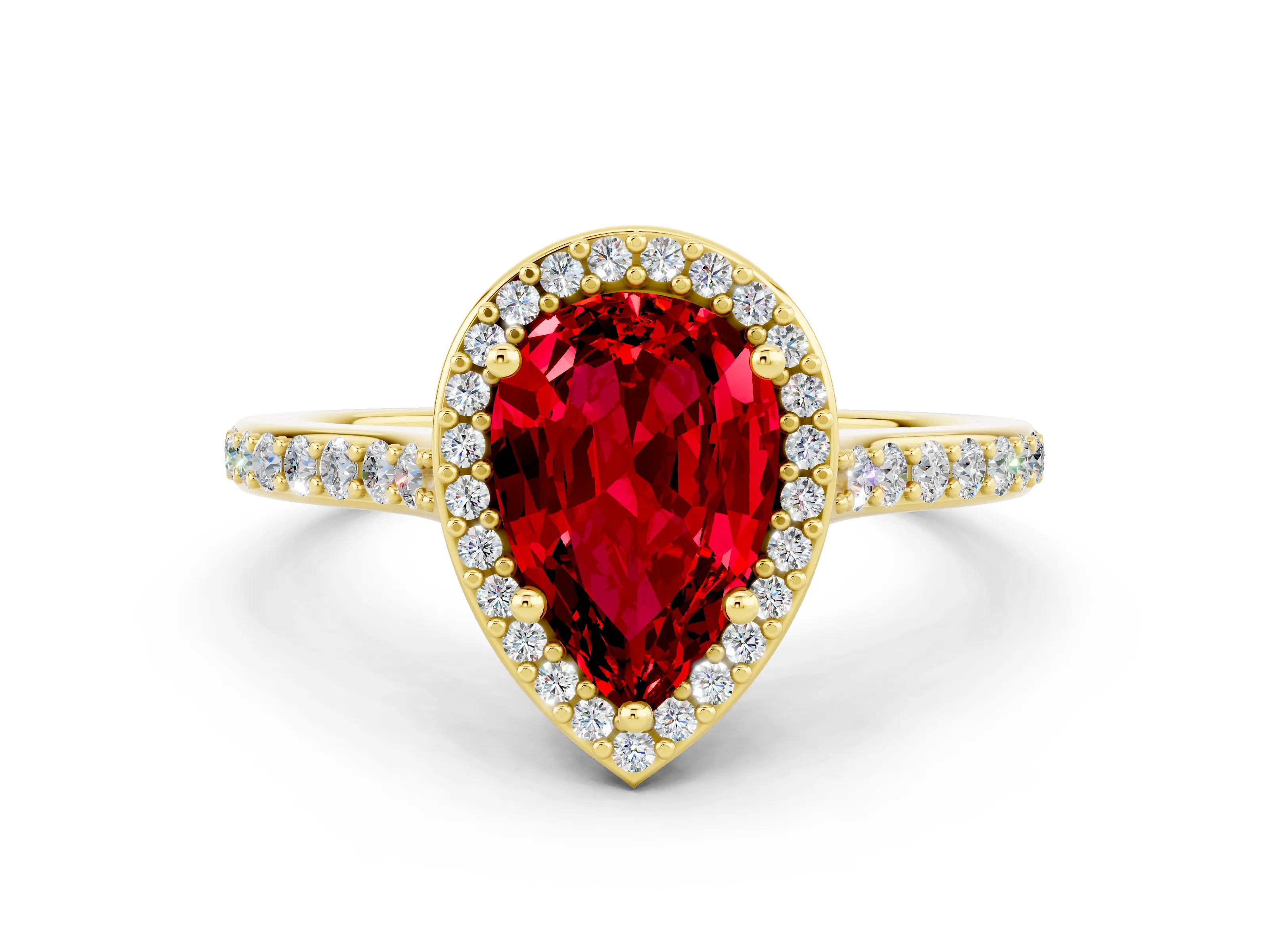 Yellow gold Pear Cut Halo Round Diamond Pavé Band with Four-Prong Setting