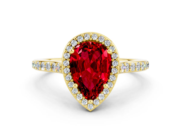 Yellow gold Pear Cut Halo Round Diamond Pavé Band with Four-Prong Setting
